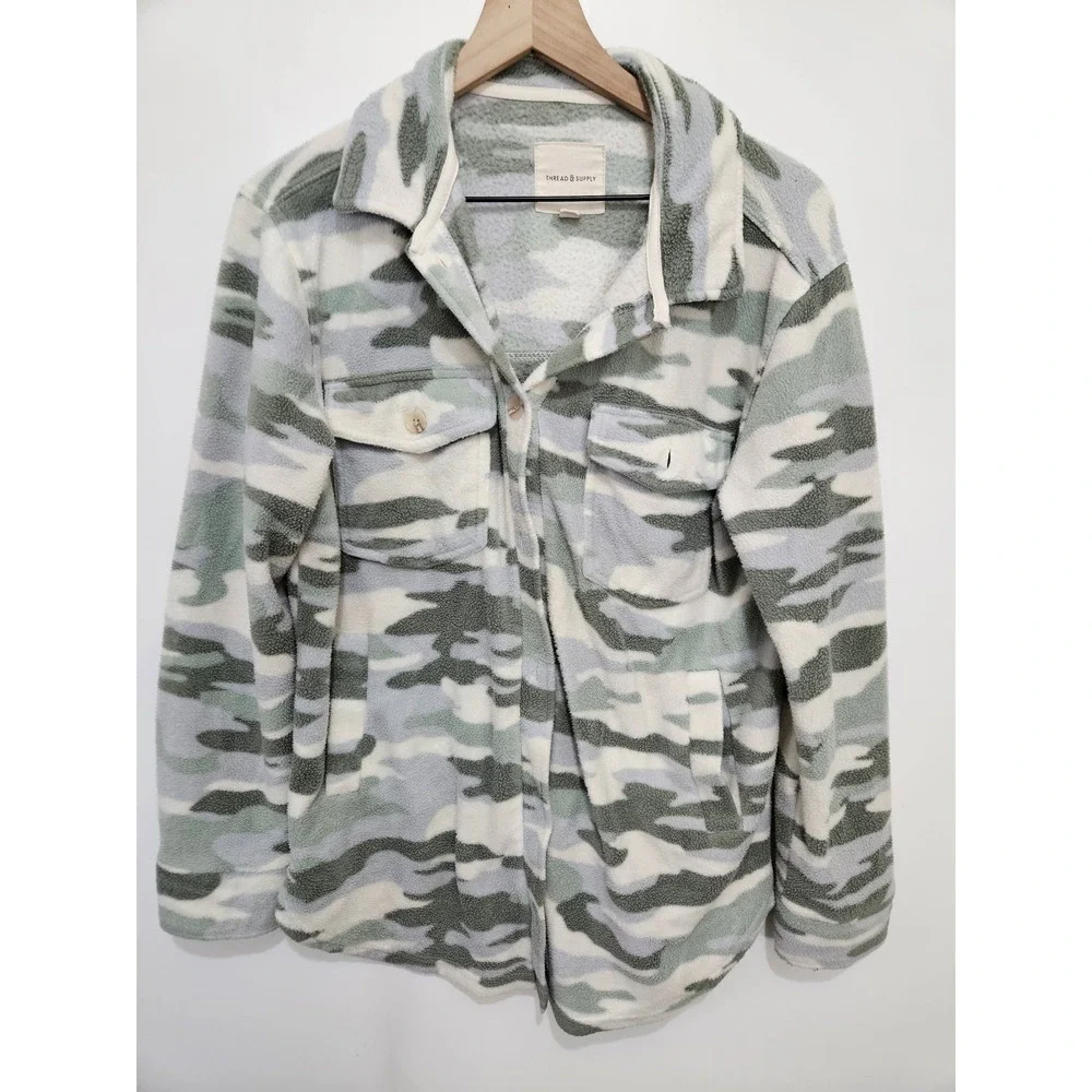 Thread & Supply Fleece‎ Camo Shacket Jacket Oatmeal Sage J7711PFKTS Womens Small